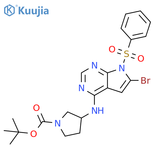 (R)-3-(7-Benzenesulfonyl-6-bromo-7H-pyrrolo[2,3-d]pyrimidin-4-ylamino)-pyrrolidine-1-carboxylic acid tert-butyl ester structure
