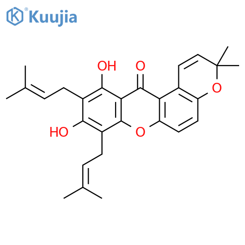 Pyrano[3,2-a]xanthen-12(3H)-one, 9,11-dihydroxy-3,3-dimethyl-8,10-bis(3-methyl-2-buten-1-yl)- structure