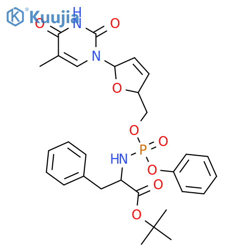tert-butyl N-[{[(2S,5R)-5-(5-methyl-2,4-dioxo-3,4-dihydropyrimidin-1(2H)-yl)-2,5-dihydrofuran-2-yl]methoxy}(phenoxy)phosphoryl]-L-phenylalaninate structure