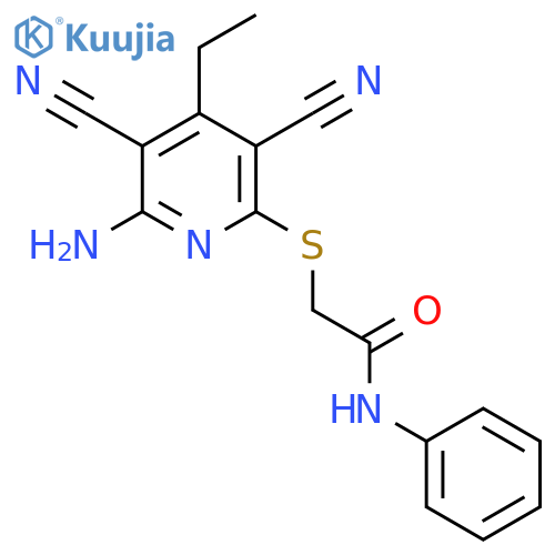 Acetamide, 2-[(6-amino-3,5-dicyano-4-ethyl-2-pyridinyl)thio]-N-phenyl- structure
