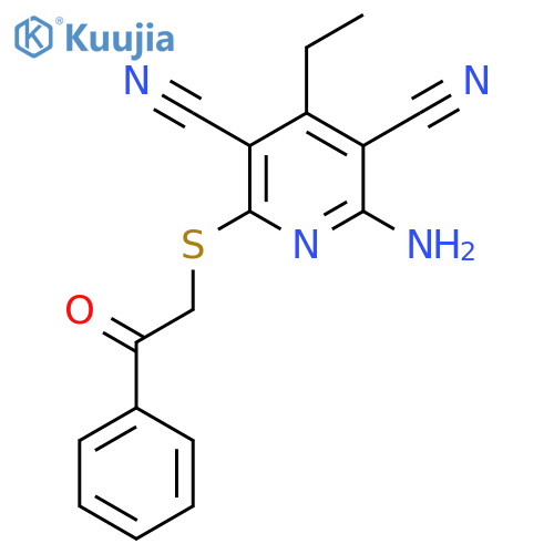 3,5-Pyridinedicarbonitrile, 2-amino-4-ethyl-6-[(2-oxo-2-phenylethyl)thio]- structure