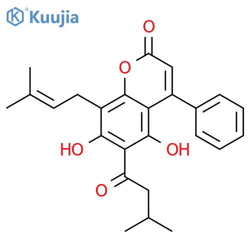 5,7-dihydroxy-6-(3-methylbutanoyl)-8-(3-methylbut-2-en-1-yl)-4-phenyl-2H-chromen-2-one structure