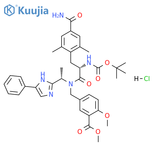 Benzoic acid, 5-[[[(2S)-3-[4-(aminocarbonyl)-2,6-dimethylphenyl]-2-[[(1,1-dimethylethoxy)carbonyl]amino]-1-oxopropyl][(1S)-1-(5-phenyl-1H-imidazol-2-yl)ethyl]amino]methyl]-2-methoxy-, methyl ester, hydrochloride (1:1) structure