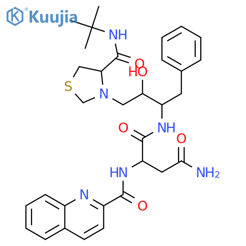 N~1~-{(1S,2R)-1-benzyl-3-[(4R)-4-(tert-butylcarbamoyl)-1,3-thiazolidin-3-yl]-2-hydroxypropyl}-N~2~-(quinolin-2-ylcarbonyl)-L-aspartamide structure