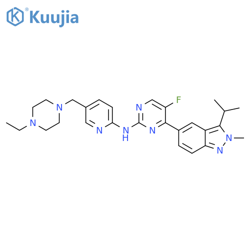 N-[5-[(4-ethylpiperazin-1-yl)methyl]pyridin-2-yl]-5-fluoro-4-(2-methyl-3-propan-2-ylindazol-5-yl)pyrimidin-2-amine structure