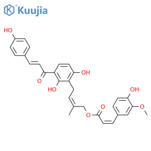 2-Propenoic acid,3-(4-hydroxy-3-methoxyphenyl)-,(2Z)-4-[2,6-dihydroxy-3-[(2E)-3-(4-hydroxyphenyl)-1-oxo-2-propen-1-yl]phenyl]-2-methyl-2-buten-1-ylester, (2E)- structure