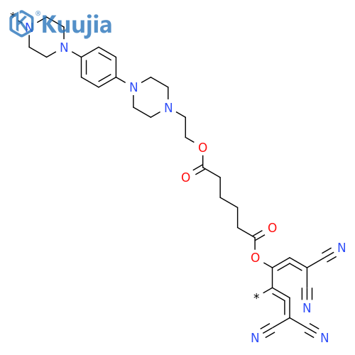 Poly[1,4-piperazinediyl(dicyanoethenylidene)-1,4-phenylene(dicyanoethenylidene)-1,4-piperazinediyl-1,2-ethanediyloxy(1,6-dioxo-1,6-hexanediyl)oxy-1,2-ethanediyl] structure