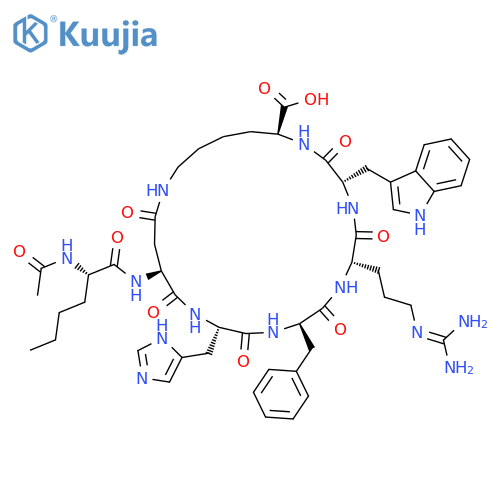 (3S,6S,9R,12S,15S,23S)-9-benzyl-6-(3-carbamimidamidopropyl)-15-(2S)-2-acetamidohexanamido-12-(1H-imidazol-4-yl)methyl-3-(1H-indol-3-yl)methyl-2,5,8,11,14,17-hexaoxo-1,4,7,10,13,18-hexaazacyclotricosane-23-carboxylic acid structure