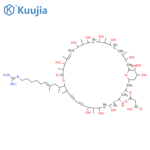Propanedioic acid,1-[17-[9-[(aminoiminomethyl)amino]-1,3-dimethyl-3-nonen-1-yl]-5,7,9,11,21,25,27,29,31,35,37,38,39-tridecahydroxy-10,16,20,22,26,30,34-heptamethyl-19-oxo-18,41-dioxabicyclo[35.3.1]hentetraconta-12,14,22-trien-3-yl]ester, (+)- structure