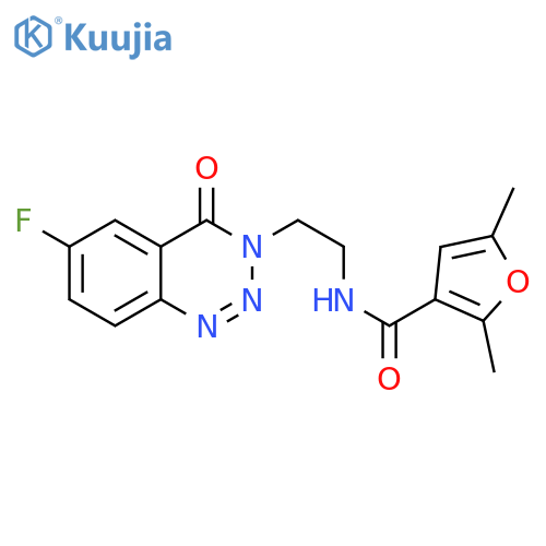 N-[2-(6-fluoro-4-oxo-3,4-dihydro-1,2,3-benzotriazin-3-yl)ethyl]-2,5-dimethylfuran-3-carboxamide structure