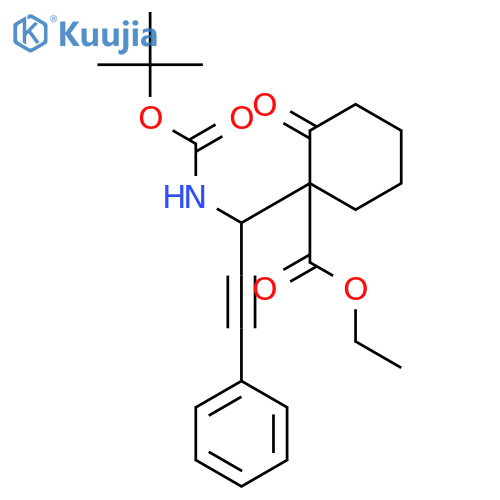 Cyclohexanecarboxylic acid, 1-[(1R)-1-[[(1,1-dimethylethoxy)carbonyl]amino]-3-phenyl-2-propyn-1-yl]-2-oxo-, ethyl ester, (1R)-rel- structure