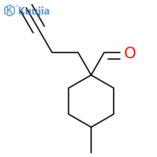 1-(but-3-yn-1-yl)-4-methylcyclohexane-1-carbaldehyde structure
