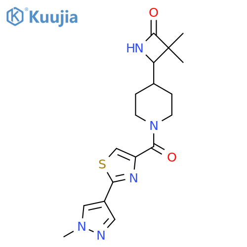 3,3-Dimethyl-4-[1-[2-(1-methylpyrazol-4-yl)-1,3-thiazole-4-carbonyl]piperidin-4-yl]azetidin-2-one structure