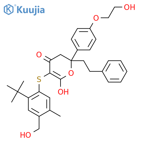 5-[2-tert-butyl-4-(hydroxymethyl)-5-methyl-phenyl]sulfanyl-6-hydroxy-2-[4-(2-hydroxyethoxy)phenyl]-2-phenethyl-3H-pyran-4-one structure