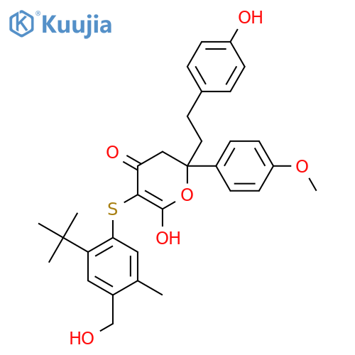 5-[2-tert-butyl-4-(hydroxymethyl)-5-methyl-phenyl]sulfanyl-6-hydroxy-2-[2-(4-hydroxyphenyl)ethyl]-2-(4-methoxyphenyl)-3H-pyran-4-one structure