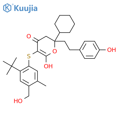 5-[2-tert-butyl-4-(hydroxymethyl)-5-methyl-phenyl]sulfanyl-2-cyclohexyl-6-hydroxy-2-[2-(4-hydroxyphenyl)ethyl]-3H-pyran-4-one structure