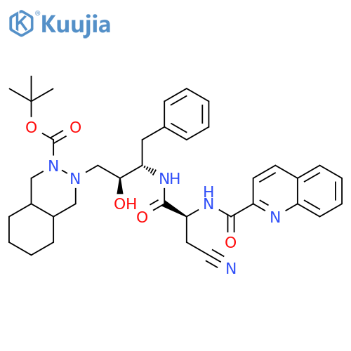 2(1H)-Phthalazinecarboxylic acid, 3-[(2S,3S)-3-[[(2S)-3-cyano-1-oxo-2-[(2-quinolinylcarbonyl)amino]propyl]amino]-2-hydroxy-4-phenylbutyl]octahydro-, 1,1-dimethylethyl ester structure