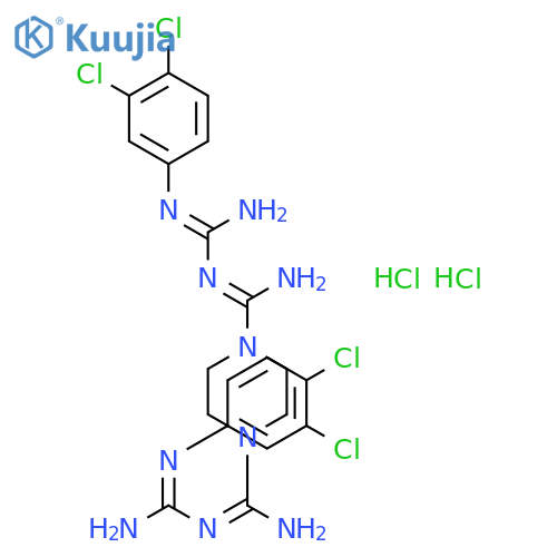 N'~1~,N'~4~-bis[N'-(3,4-dichlorophenyl)carbamimidoyl]piperazine-1,4-dicarboximidamide dihydrochloride structure