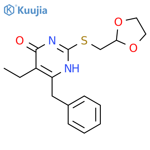 6-benzyl-2-[(1,3-dioxolan-2-ylmethyl)sulfanyl]-5-ethylpyrimidin-4(1H)-one structure