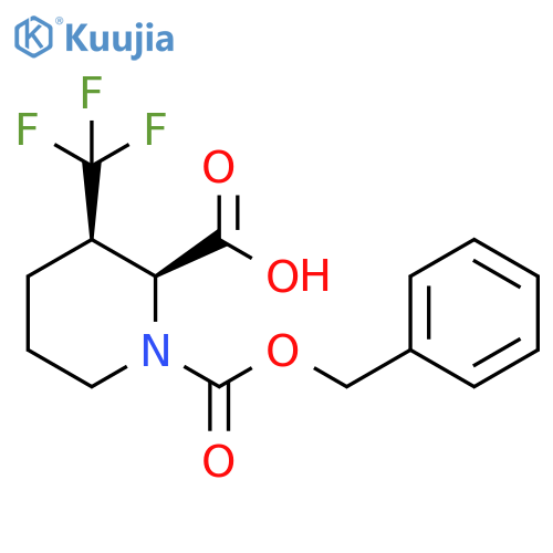 rac-(2R,3S)-1-(benzyloxy)carbonyl-3-(trifluoromethyl)piperidine-2-carboxylic acid structure