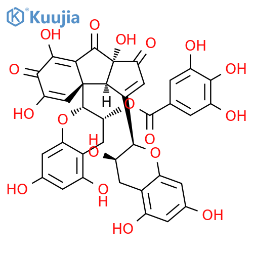 Benzoic acid, 3,4,5-trihydroxy-, (2R,3R)-2-[(3aS,3bS,8aS)-3-[(2R,3R)-3,4-dihydro-3,5,7-trihydroxy-2H-1-benzopyran-2-yl]-3a,6,8,8a-tetrahydro-5,7,8a-trihydroxy-1,6,8-trioxocyclopent[a]inden-3b(1H)-yl]-3,4-dihydro-5,7-dihydroxy-2H-1-benzopyran-3-yl ester structure