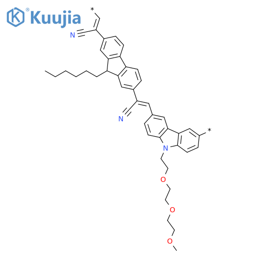 Poly[[9-[2-[2-(2-methoxyethoxy)ethoxy]ethyl]-9H-carbazole-3,6-diyl](2-cyano-1,2-ethenediyl)(9-hexyl-9H-fluorene-2,7-diyl)(1-cyano-1,2-ethenediyl)] structure