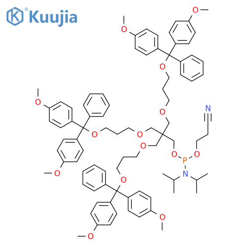Phosphoramidous acid, N,N-bis(1-methylethyl)-, 3-[3-[bis(4-methoxyphenyl)phenylmethoxy]propoxy]-2,2-bis[[3-[bis(4-methoxyphenyl)phenylmethoxy]propoxy]methyl]propyl 2-cyanoethyl ester structure