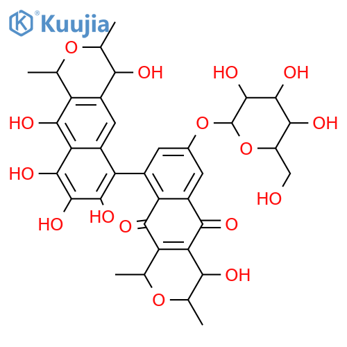 [6,9'-Bi-1H-naphtho[2,3-c]pyran]-5',10'-dione, 7'-(β-D-glucopyranosyloxy)-3,3',4,4'-tetrahydro-4,4',7,8,9,10-hexahydroxy-1,1',3,3'-tetramethyl-, (1R,1'R,3R,3'R,4R,4'R)-rel-(+)- structure