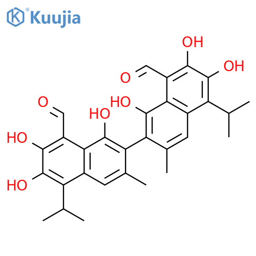 [2,2'-Binaphthalene]-8,8'-dicarboxaldehyde,1,1',6,6',7,7'-hexahydroxy-3,3'-dimethyl-5,5'-bis(1-methylethyl)-, (2S)- structure