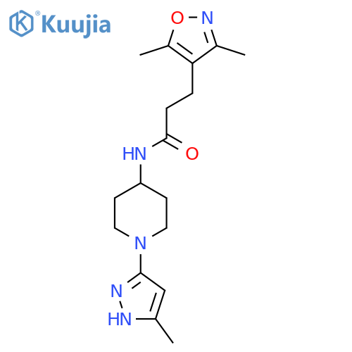 3-(3,5-dimethyl-1,2-oxazol-4-yl)-N-[1-(5-methyl-1H-pyrazol-3-yl)piperidin-4-yl]propanamide structure