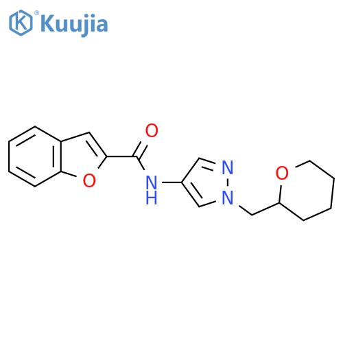 N-(1-((tetrahydro-2H-pyran-2-yl)methyl)-1H-pyrazol-4-yl)benzofuran-2-carboxamide structure