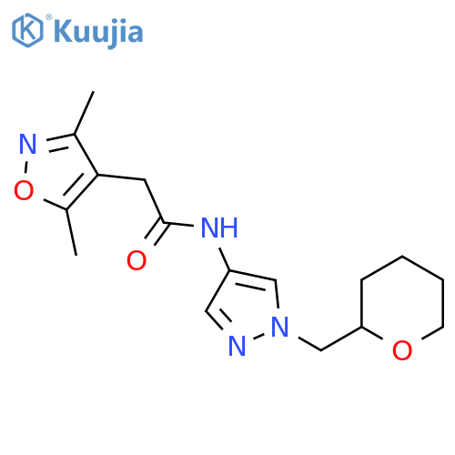 2-(3,5-dimethylisoxazol-4-yl)-N-(1-((tetrahydro-2H-pyran-2-yl)methyl)-1H-pyrazol-4-yl)acetamide structure