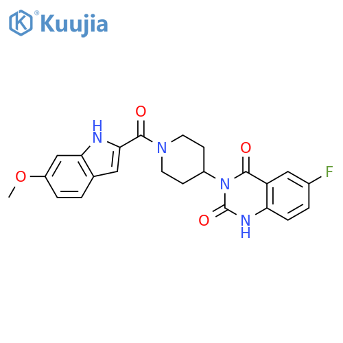 6-fluoro-3-[1-(6-methoxy-1H-indole-2-carbonyl)piperidin-4-yl]-1,2,3,4-tetrahydroquinazoline-2,4-dione structure