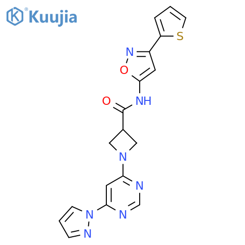 1-6-(1H-pyrazol-1-yl)pyrimidin-4-yl-N-3-(thiophen-2-yl)-1,2-oxazol-5-ylazetidine-3-carboxamide structure