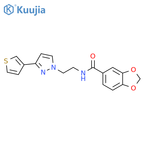 N-{2-[3-(thiophen-3-yl)-1H-pyrazol-1-yl]ethyl}-2H-1,3-benzodioxole-5-carboxamide structure