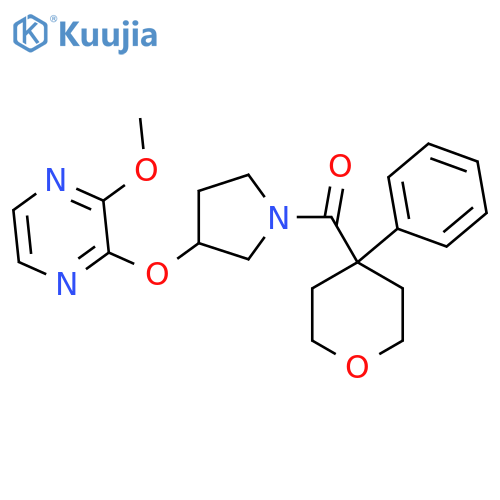2-methoxy-3-{1-(4-phenyloxane-4-carbonyl)pyrrolidin-3-yloxy}pyrazine structure