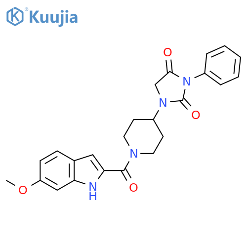 1-[1-(6-methoxy-1H-indole-2-carbonyl)piperidin-4-yl]-3-phenylimidazolidine-2,4-dione structure