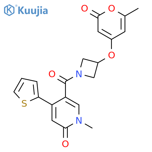 1-methyl-5-(3-((6-methyl-2-oxo-2H-pyran-4-yl)oxy)azetidine-1-carbonyl)-4-(thiophen-2-yl)pyridin-2(1H)-one structure