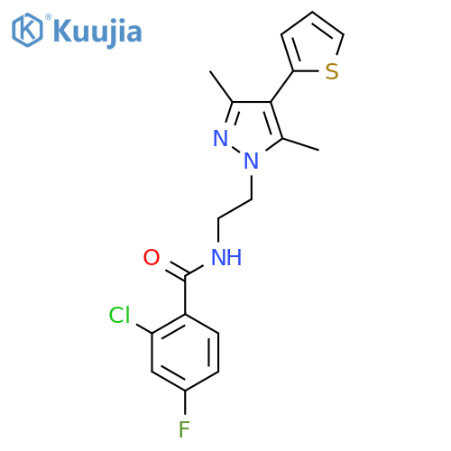 2-chloro-N-{2-[3,5-dimethyl-4-(thiophen-2-yl)-1H-pyrazol-1-yl]ethyl}-4-fluorobenzamide structure