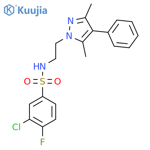 3-chloro-N-[2-(3,5-dimethyl-4-phenyl-1H-pyrazol-1-yl)ethyl]-4-fluorobenzene-1-sulfonamide structure