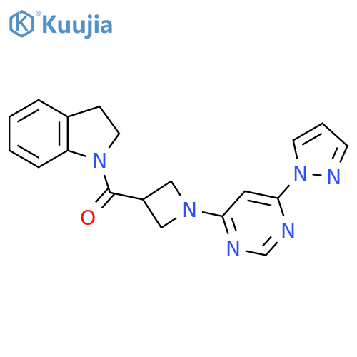 1-{1-6-(1H-pyrazol-1-yl)pyrimidin-4-ylazetidine-3-carbonyl}-2,3-dihydro-1H-indole structure