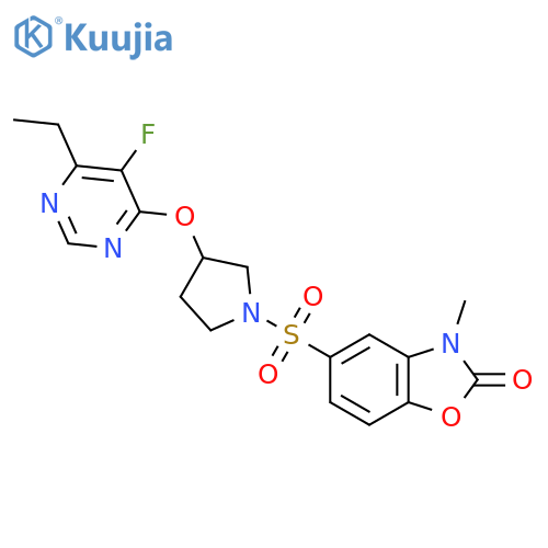 5-({3-[(6-ethyl-5-fluoropyrimidin-4-yl)oxy]pyrrolidin-1-yl}sulfonyl)-3-methyl-2,3-dihydro-1,3-benzoxazol-2-one structure