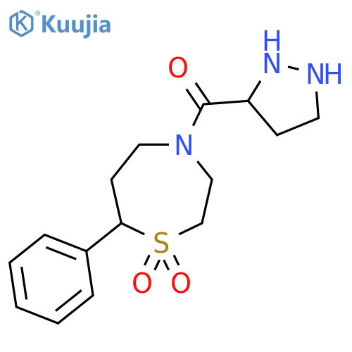 7-phenyl-4-(1H-pyrazole-3-carbonyl)-1lambda6,4-thiazepane-1,1-dione structure