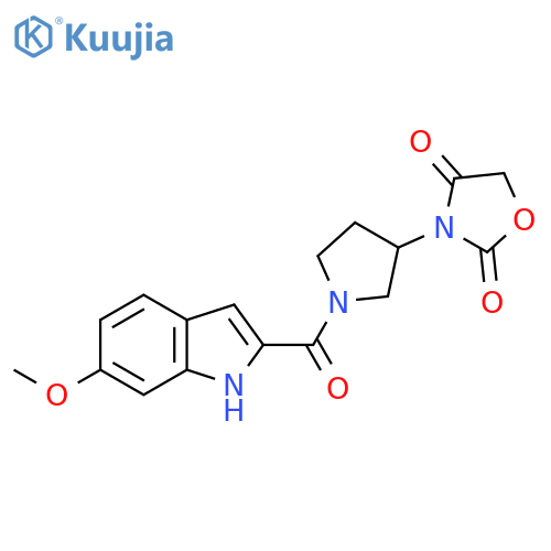 3-(1-(6-methoxy-1H-indole-2-carbonyl)pyrrolidin-3-yl)oxazolidine-2,4-dione structure