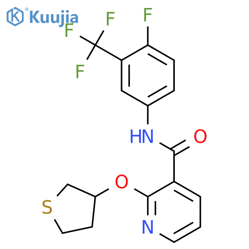 N-[4-fluoro-3-(trifluoromethyl)phenyl]-2-(thiolan-3-yloxy)pyridine-3-carboxamide structure