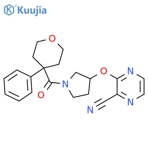 3-{1-(4-phenyloxane-4-carbonyl)pyrrolidin-3-yloxy}pyrazine-2-carbonitrile structure