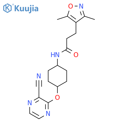 3-(3,5-dimethyl-1,2-oxazol-4-yl)-N-(1r,4r)-4-(3-cyanopyrazin-2-yl)oxycyclohexylpropanamide structure