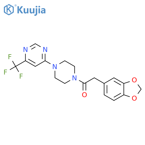 2-(2H-1,3-benzodioxol-5-yl)-1-{4-6-(trifluoromethyl)pyrimidin-4-ylpiperazin-1-yl}ethan-1-one structure