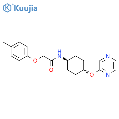 2-(4-methylphenoxy)-N-(1r,4r)-4-(pyrazin-2-yloxy)cyclohexylacetamide structure