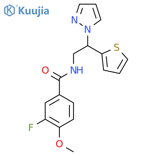 3-fluoro-4-methoxy-N-2-(1H-pyrazol-1-yl)-2-(thiophen-2-yl)ethylbenzamide structure